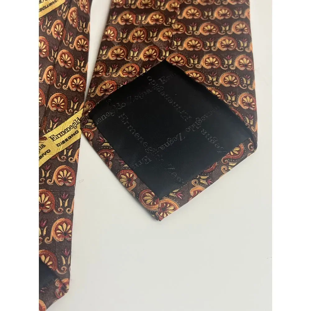 Ermenegildo Zenga Silk‎ Tie Brown Gold Floral Pattern Classic  Necktie Tie Italy